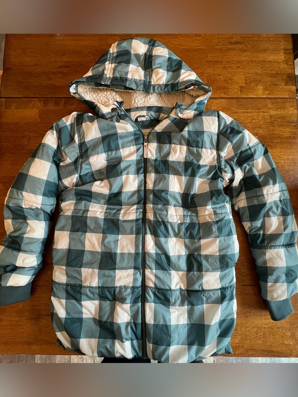 Hanna Andersson Teal Green and White Buffalo Check Hooded Puffer Jacket